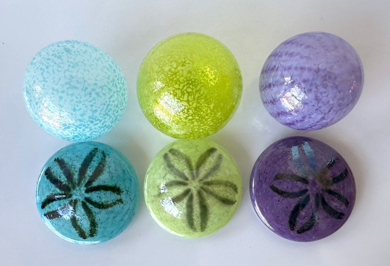 Glass Sand Dollars & Floats, Set of 6 Turquoise Purple Green Beach Sculptures Paperweights, Coastal Art Sea Shell Decor, Avalon Glassworks image 2