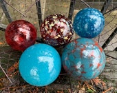 Red and Turquoise Floats, Set of 5 Blown Glass Balls, 2.5"-3.5" Interior Design Spheres, Outdoor Garden Pond Decor Orbs, Avalon Glassworks