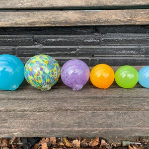 Spring Colors, Hand Blown Glass Floats Set of 6, Bright Green Turquoise Purple Yellow, Garden Art Balls, Floating Spheres, Avalon Glassworks image 2