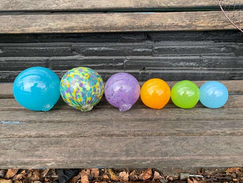 Spring Colors, Hand Blown Glass Floats Set of 6, Bright Green Turquoise Purple Yellow, Garden Art Balls, Floating Spheres, Avalon Glassworks image 2