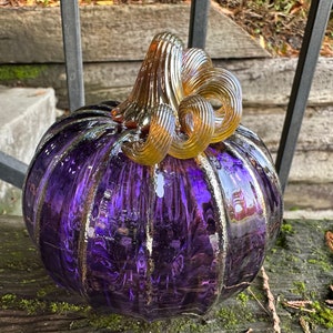 Purple & Gold Hand Blown Glass Pumpkin, 4.5 Decorative Squash Sculpture, Metallic Ribs Coil Stem, Halloween Autumn Fall, Avalon Glassworks image 8