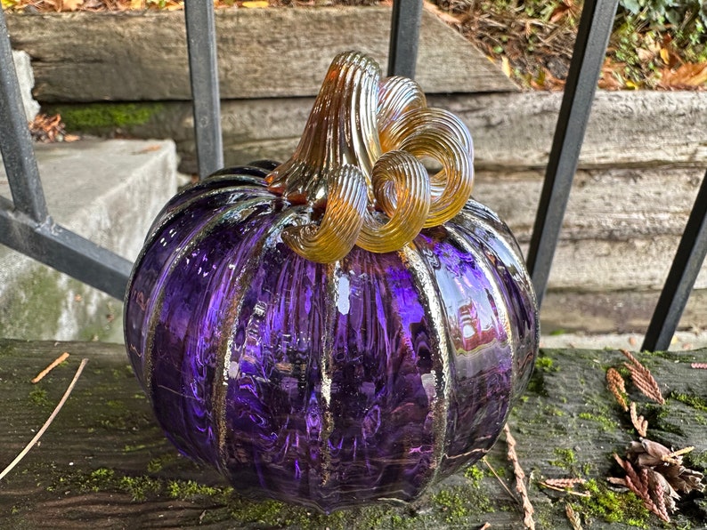 Purple & Gold Hand Blown Glass Pumpkin, 4.5 Decorative Squash Sculpture, Metallic Ribs Coil Stem, Halloween Autumn Fall, Avalon Glassworks image 8