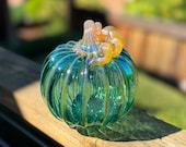 Aqua Blue & Gold Blown Glass Pumpkin: Autumn Decoration, 4.5" Sculpture - Avalon Glassworks