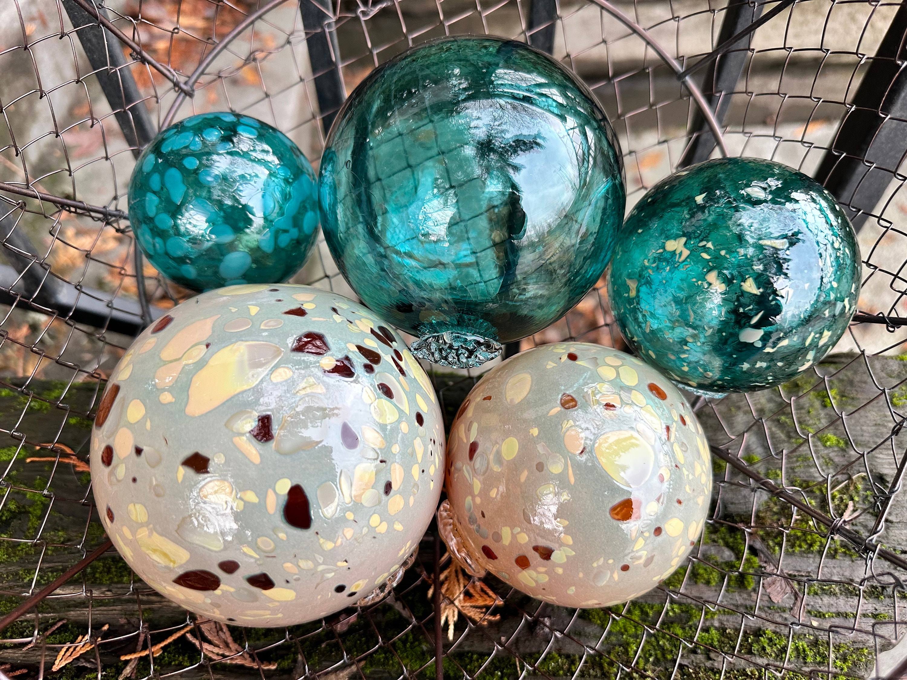 Teal & Gold Blown Glass Floats Set Of 5 Decor Balls, 2.75"-4.25" Orbs - Avalon Glassworks