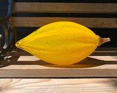 Yellow Glass Cocoa Pod, 9.5" Sculpture, Brown Stem, Chocolate Industry Award, Cacao Bean Decorative Art Gourd Centerpiece, Avalon Glassworks
