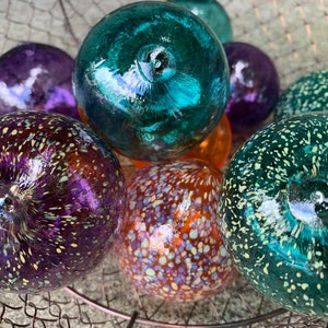 Teal Orange Purple Spot Floats, Set of 12 Decorative Blown Glass Balls Small Pond Spheres Outdoor Garden Art Coastal Decor Avalon Glassworks image 6