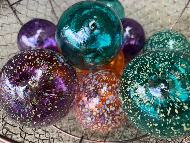 Teal Orange Purple Spot Floats, Set of 12 Decorative Blown Glass Balls Small Pond Spheres Outdoor Garden Art Coastal Decor Avalon Glassworks image 6