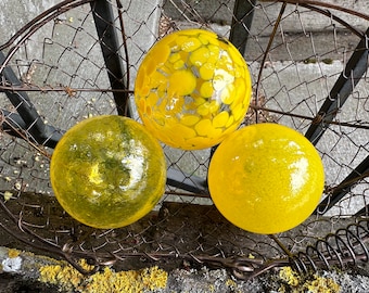 Yellow Glass Floats, Set of 3 Coastal Nautical Beach Pond Orb 3" Balls, Garden Art Decor, Basket Fill Centerpiece Spheres, Avalon Glassworks