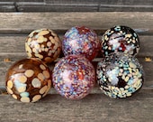 Autumn Speckles Glass Floats, Set of 6 Small Decorative Hand Blown Balls, Brown Blue Beige Pond Floats Garden Art Spheres, Avalon Glassworks