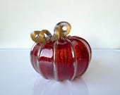Red Blown Glass Pumpkin: 4.25" Sculpture, Gold Ribs & Stem - Avalon Glassworks