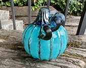 Turquoise Blown Glass Pumpkin: Autumn Table Decoration, 4" Sculpture - Avalon Glassworks