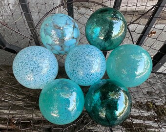 Stack Balls, Aqua Turquoise Set of 7 Glass Decor Spheres, Living Room Coffee Table Basket Garden Orbs Bulbs Floats Globes, Avalon Glassworks
