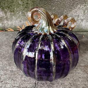 Purple & Gold Hand Blown Glass Pumpkin, 4.5 Decorative Squash Sculpture, Metallic Ribs Coil Stem, Halloween Autumn Fall, Avalon Glassworks image 10