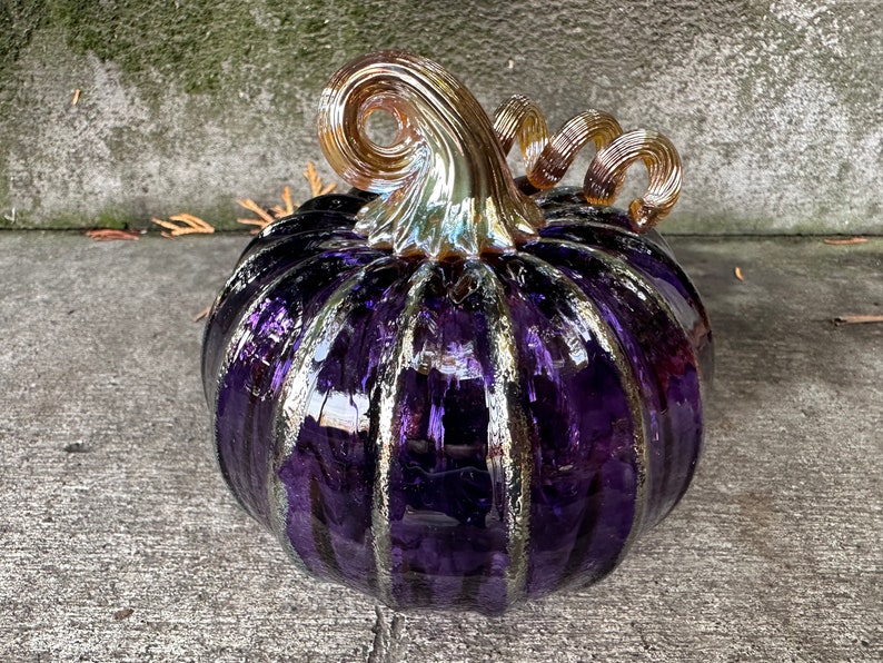 Purple & Gold Hand Blown Glass Pumpkin, 4.5 Decorative Squash Sculpture, Metallic Ribs Coil Stem, Halloween Autumn Fall, Avalon Glassworks image 10