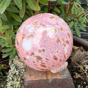 Pink Sparkle Blown Glass Float: Garden Decor Ball, 3.5" Orb - Avalon Glassworks
