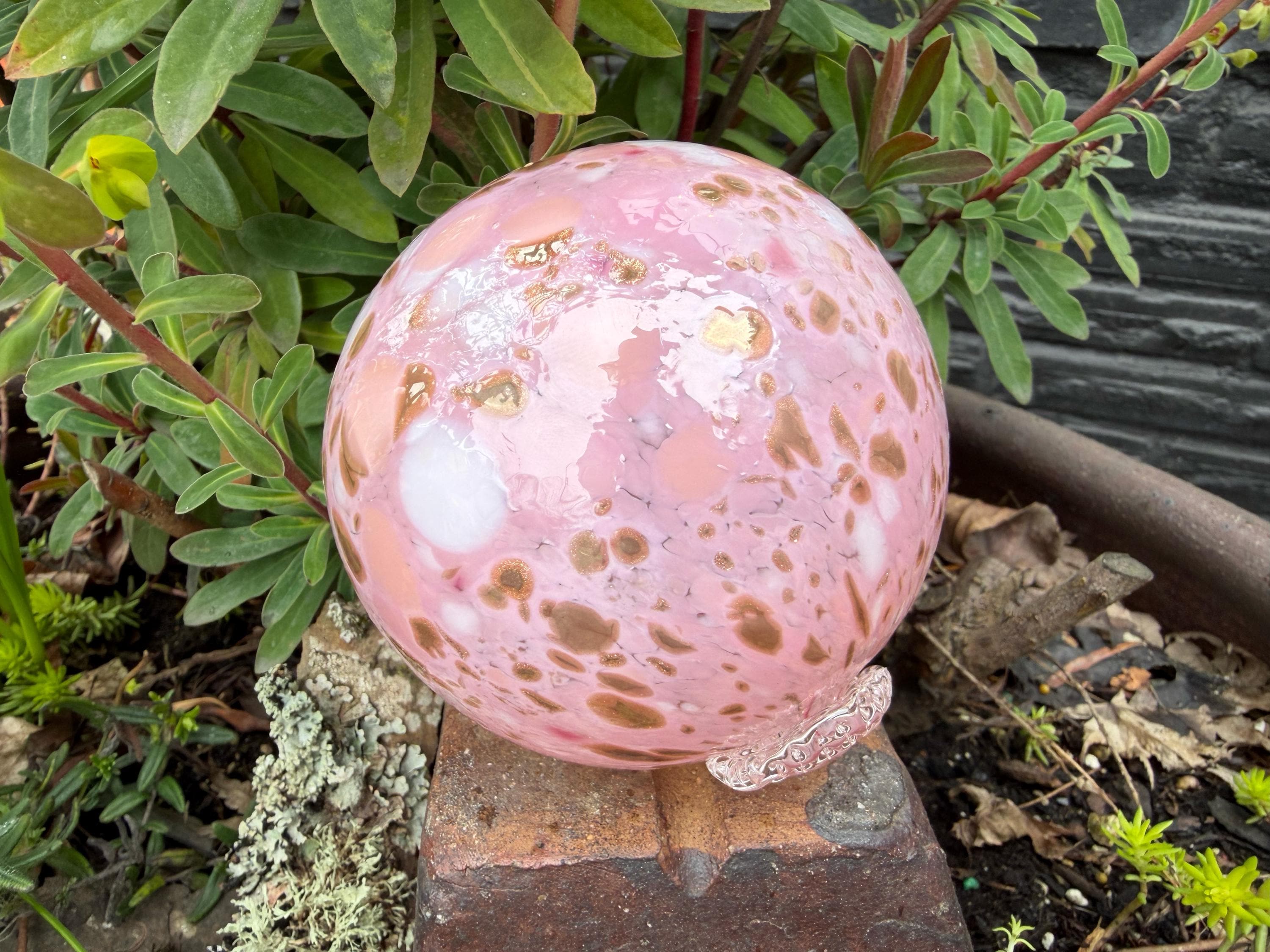 Pink Sparkle Blown Glass Float Garden Decor Ball, 3.5" Orb - Avalon Glassworks