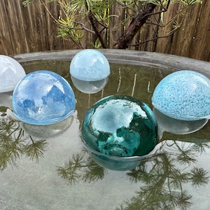 Airy Shades of Blue Blown Glass Floats, Set of 5 Translucent 2.75&quot; Pond Balls, Garden Art, Decorative Centerpiece Spheres, Avalon Glassworks