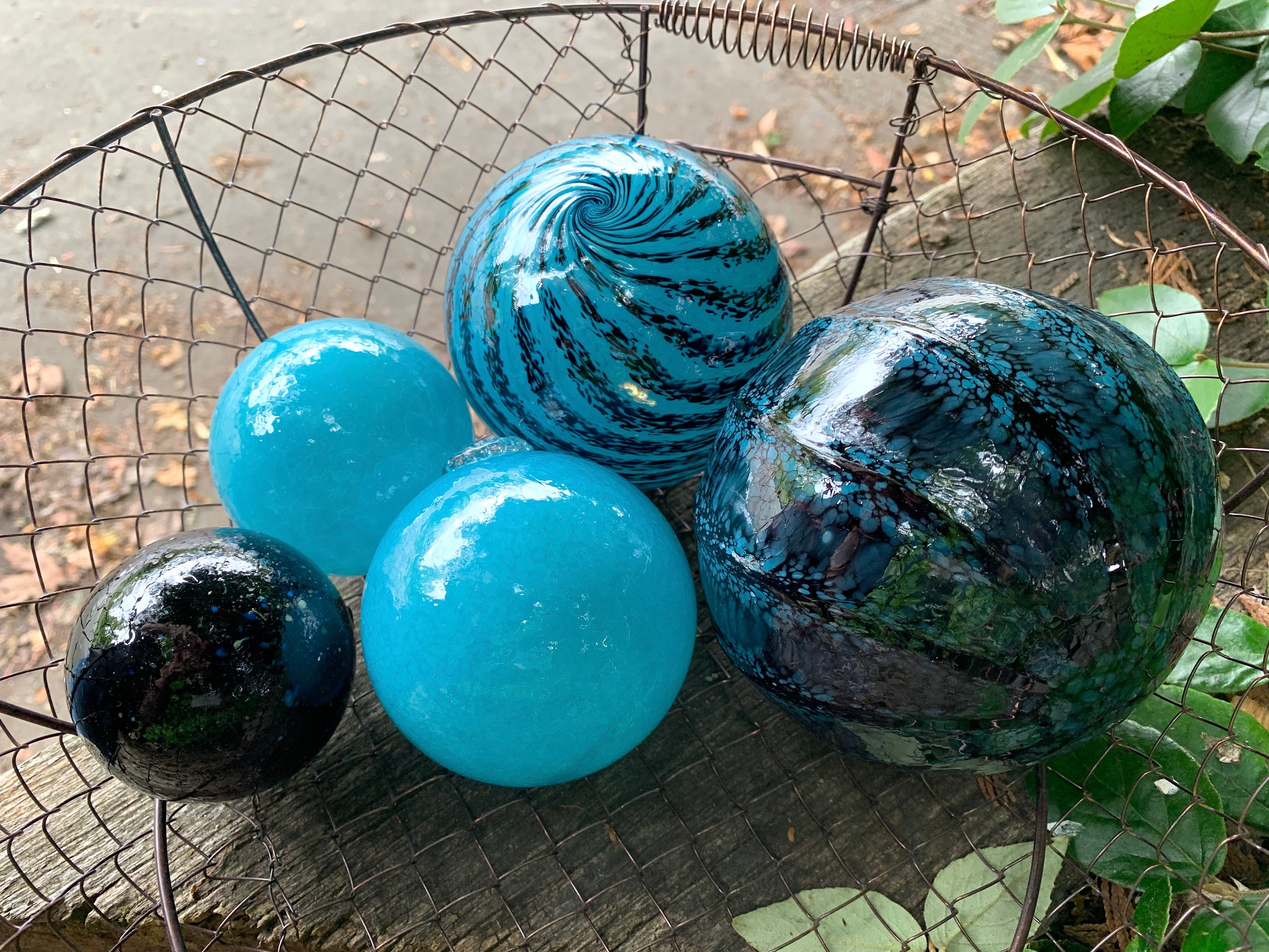 Turquoise and Black Floats, Set of 5 Hand Blown Glass Garden Balls,  Interior Design Spheres, Fishing Float Outdoor Decor, Avalon Glassworks -   Canada