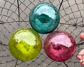 Sea Glass Balls, Pink Aqua Green, Set of 3 Hand Blown Pond Floats 2.75” Interior Design Spheres, Floating Garden Art Orbs, Avalon Glassworks