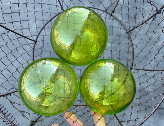 Green Glass Floats, Set of 3 Hand Blown Garden Art Balls, 4