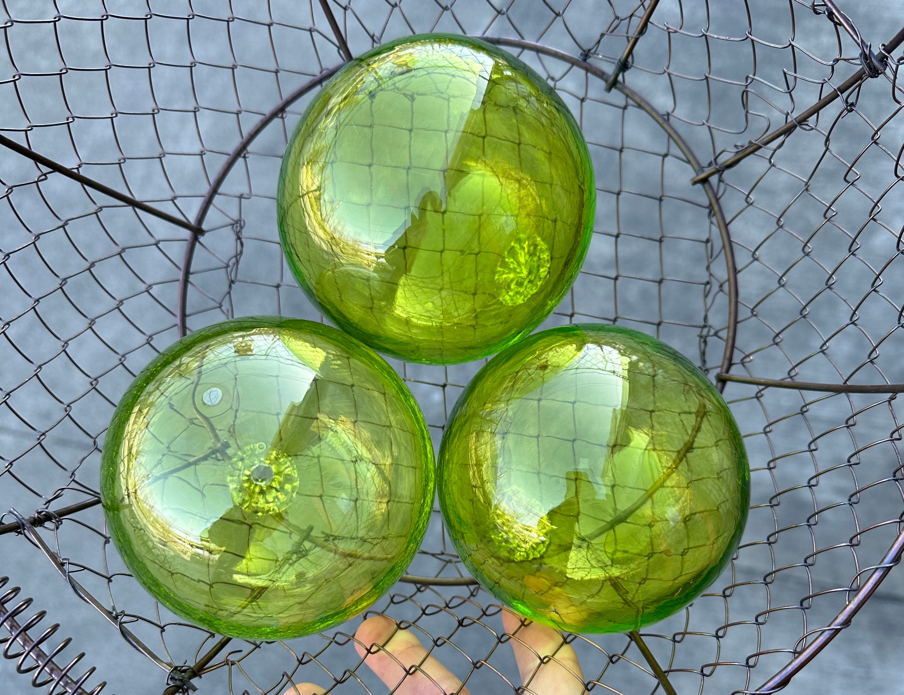 Green Glass Floats, Set of 3 Hand Blown Garden Art Balls, 4 Interior