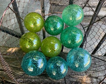 Ocean Colors Glass Floats, Set of 9 Aqua Blue, Lime, Green Coastal Garden Art Balls, Hand Blown Interior Design Spheres, Avalon Glassworks