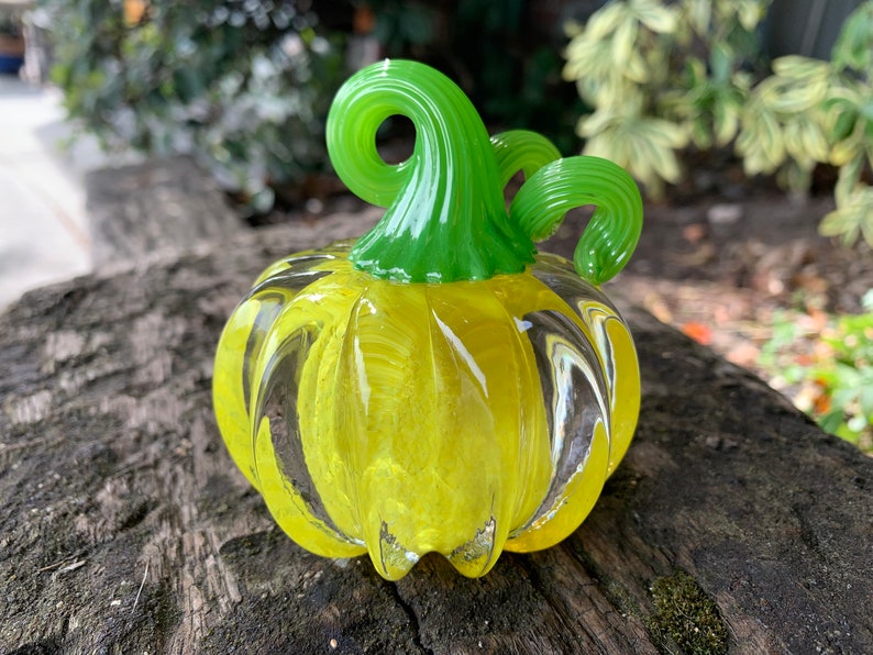 Yellow Glass Pumpkin Green Coil Stem 3 Paperweight image 1