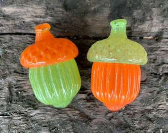 Light Green & Orange Glass Acorns: Set of 2 Autumn Table Decorations, 2.75" Sculptures - Avalon Glassworks
