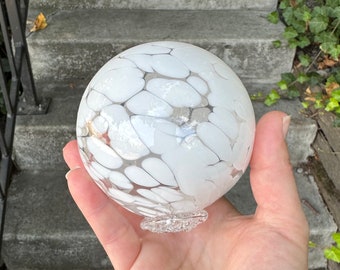 White Spots on Clear Glass Float, 3.25" Hand Blown Decorative Ball, Outdoor Garden Art Spheres, Coastal Table Centerpiece, Avalon Glassworks
