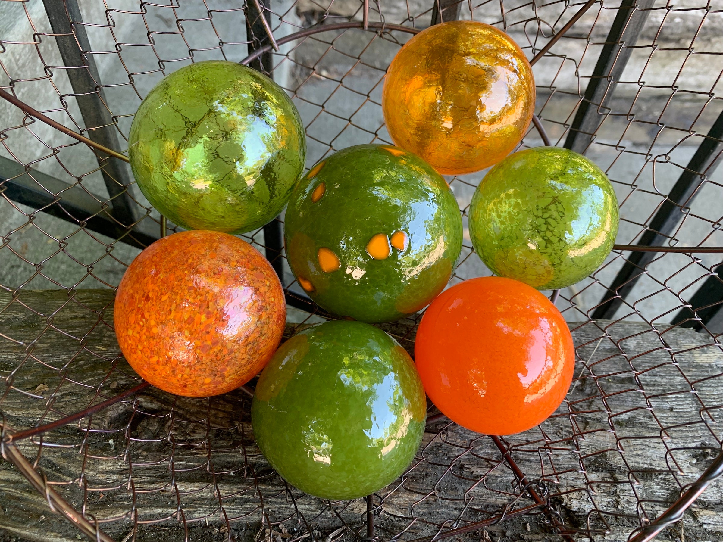 Olive Green and Orange Glass Floats, Set of 7 Hand Blown Design Spheres,  Garden Interior Decor, Avocado Gold 1970s Colors, Avalon Glassworks 