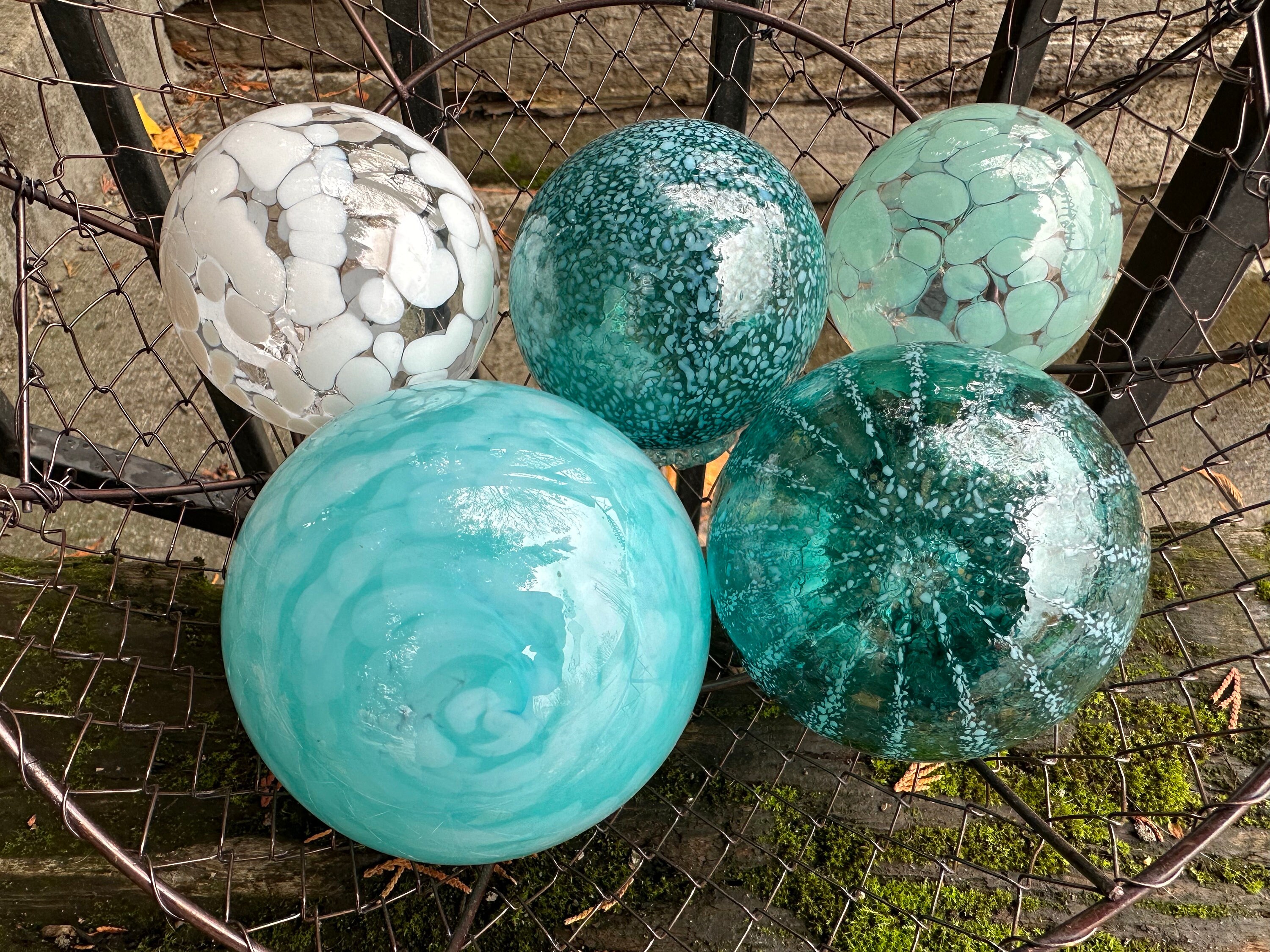 Turquoise & White Blown Glass Floats, Set of 5 Interior Design Spheres,  Nautical Coastal Blue Outdoor Garden Pond Balls, Avalon Glassworks