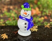 Seahawks Fan Glass Snowman Sculpture, Hand Blown Holiday Christmas Table Mantel Art Decor, Green Scarf, Blue Cap, Smile, Avalon Glassworks