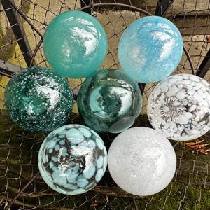 Turquoise Blown Glass Floats: Set of 7 Coastal Decor Balls, 2.5" Orbs - Avalon Glassworks