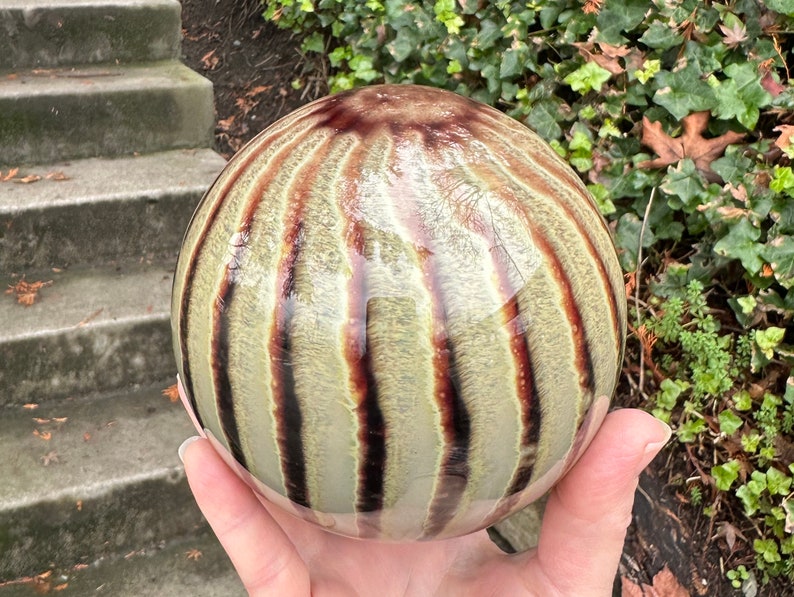 Cat's Eye Blown Glass Float, 4.5 Dark Red Beige Stripe Garden Ball, Outdoor Art Pond Orb, Interior Design Decor Sphere, Avalon Glassworks image 3