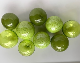 Olive Green Blown Glass Floats, Set of 9 Decorative Balls, Interior Design Garden Pond, Chartreuse Lime Grass Pea Avocado, Avalon Glassworks
