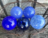 Baby Blues, Set of Five Small Floats, Small Decorative Art Glass Balls, Light & Dark Blue Nautical Pond Spheres Garden Art Avalon Glassworks