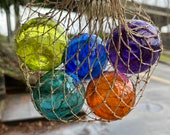 Nautical Jewel Tone Floats, Set of 5 Hand Blown 2.75" Glass Balls in Net Bag, Colorful Beach Art Tiki Coastal Garden Decor Avalon Glassworks