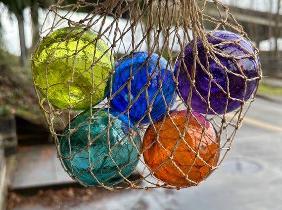 Nautical Jewel Tone Floats, Set of 5 Hand Blown 2.75 Glass Balls in Net  Bag, Colorful Beach Art Tiki Coastal Garden Decor Avalon Glassworks 
