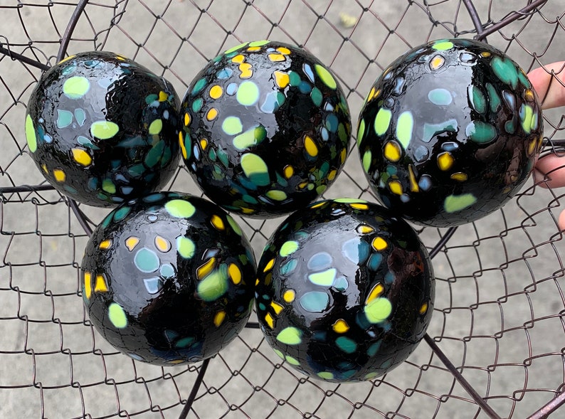 End-of-the-Day Mix Blown Glass Balls, Set of 5 Black Floats, 2.53 Garden Decor, Outdoor Art Spheres, Basket Filler, Avalon Glassworks image 1