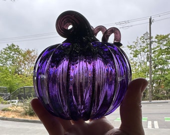 Purple & Black Glass Pumpkin, 4.25" Hand Blown Decorative Gourd Sculpture, Coil Stem, Halloween Autumn Fall Centerpiece, Avalon Glassworks
