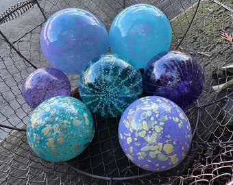 Turquoise and Purple Glass Floats, Set of 7 Hand Blown Interior Design Spheres, Nautical Garden Balls, Floating Pond Orbs, Avalon Glassworks