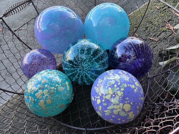 Turquoise and Purple Glass Floats, Set of 7 Hand Blown Interior Design  Spheres, Nautical Garden Balls, Floating Pond Orbs, Avalon Glassworks 