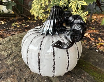 Black and White Blown Glass Pumpkin, 4" Decorative Squash Sculpture Curly Stem, Two-Tone Autumn Halloween Thanksgiving, Avalon Glassworks