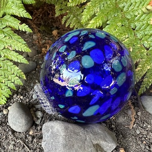 Hand Blown Cobalt Blue Spot Glass Garden Ball: Nautical Pond Decor, 3.25&quot; Orb - Avalon Glassworks