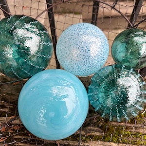 Turquoise Blown Glass Floats: Set of 5 Coastal Decor Balls, 2.75"-4.25" Orbs - Avalon Glassworks