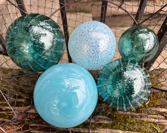Turquoise & Aqua Blown Glass Floats, Set of 5 Interior Design Spheres, Nautical Coastal Blue Outdoor Garden Art Pond Balls Avalon Glassworks