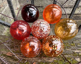 2.5 Japanese Glass Floats w/ Netting, Vintage Fishing Buoys From Japan,  Authentic Glass Balls Once Used On Nets By Commercial Fisherman