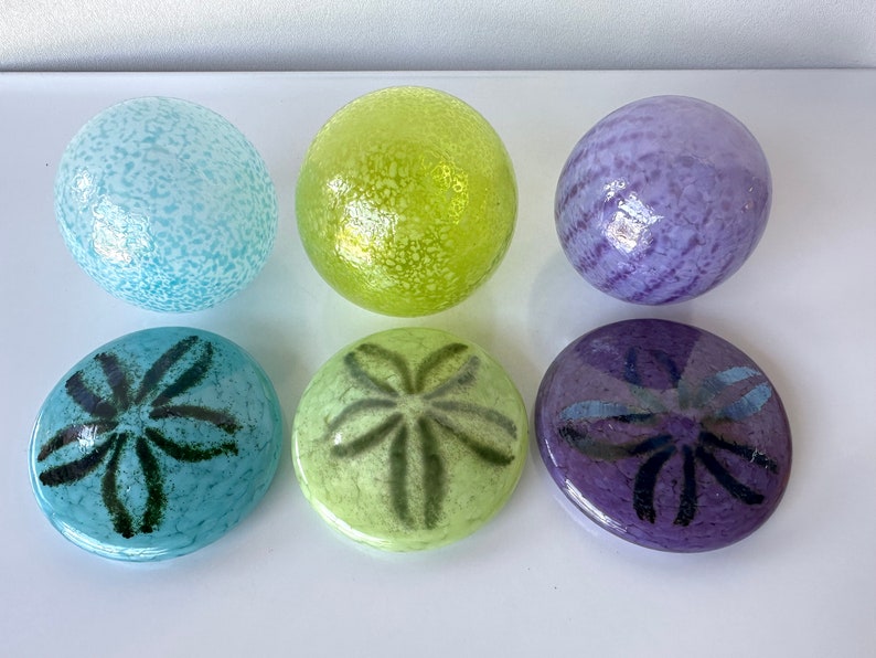 Glass Sand Dollars & Floats, Set of 6 Turquoise Purple Green Beach Sculptures Paperweights, Coastal Art Sea Shell Decor, Avalon Glassworks image 10