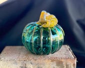 Aqua Blown Glass Pumpkin: Blue & Gold Autumn Decoration, 4.5" Sculpture - Avalon Glassworks