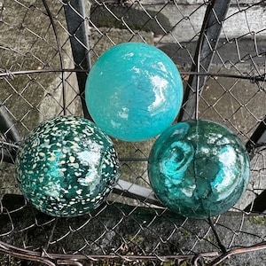 Small Turquoise Glass Balls, 2.75&quot; Green Blue Set of 3 Spheres, Coastal Centerpiece Decor, Garden Art Orb Float Globes, Avalon Glassworks
